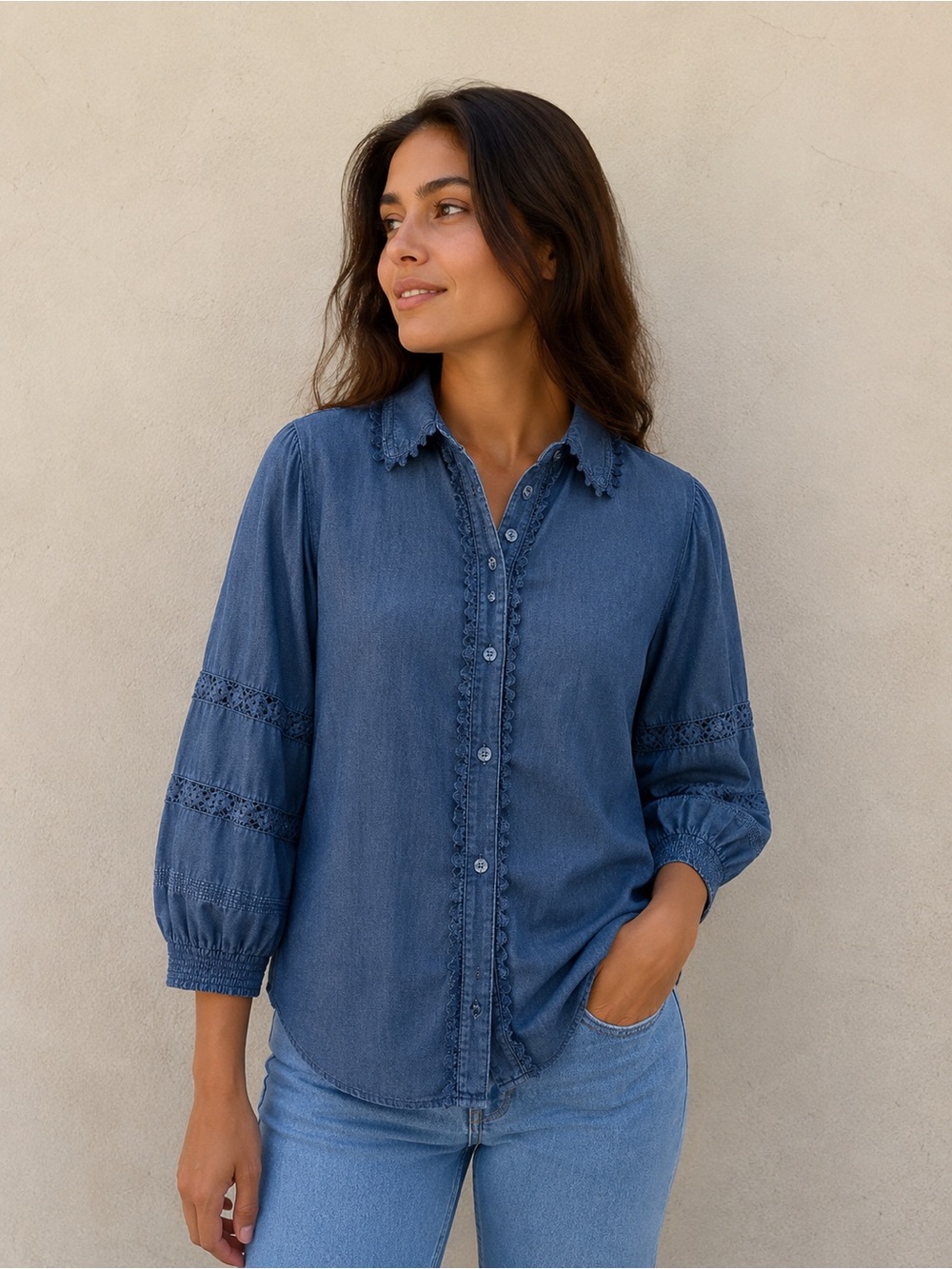 Woven Indigo Button-Up Lace-Trim Blouse